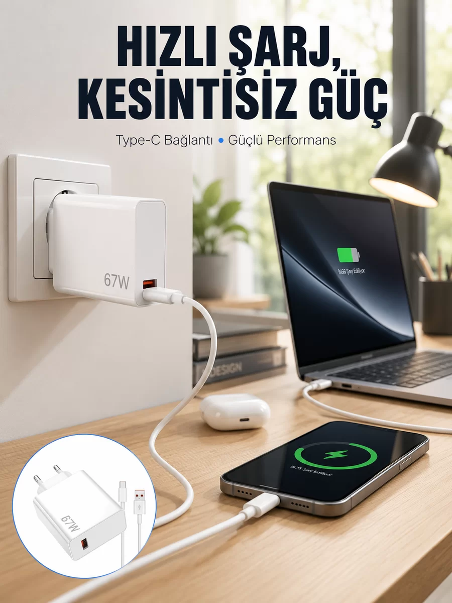 67W Type-C Turbo Şarj Cihazı – Aşırı Akım ve Isı Koruması Seyahat Uyumlu Yeni Nesil