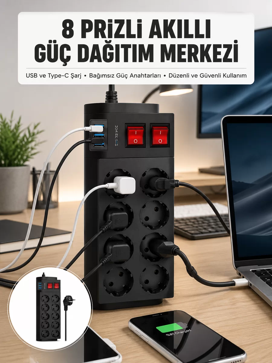 2 Metre Güçlü Çoklu Priz 8 Soket Yeni Nesil