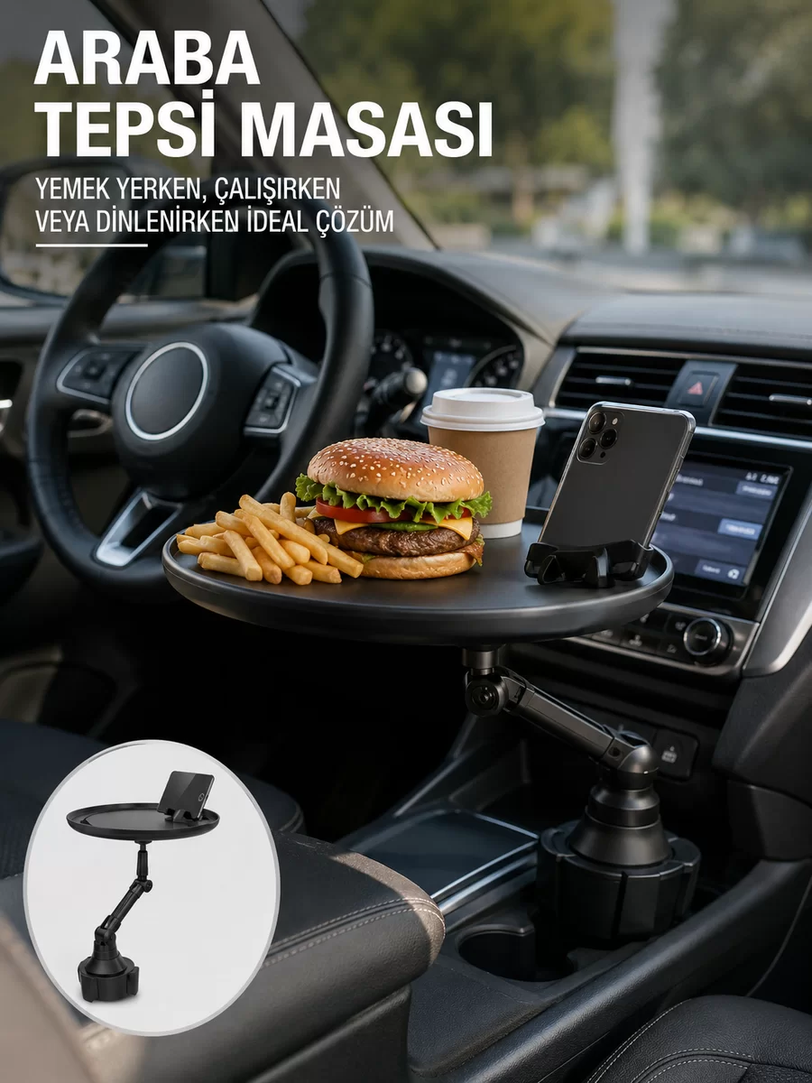 Araç İçi 360° Ayarlanabilir Bardaklık Tepsisi Geniş Yüzeyli ve Telefon Standlı Yeni Nesil
