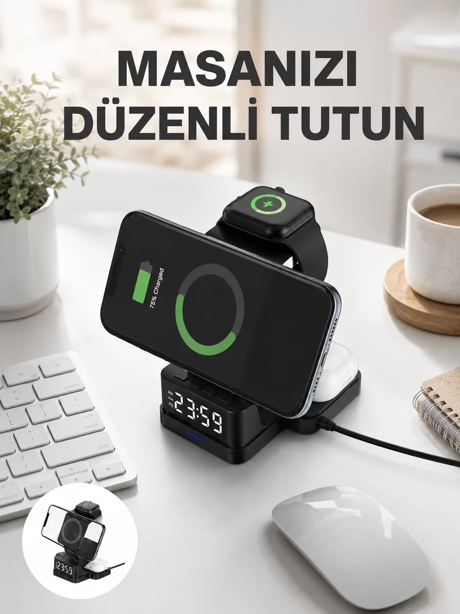 Kablosuz Şarjlı Dijital Masa Saati – 3 Parlaklık Seviyeli LED Hızlı Şarj Apple Uyumlu Yeni Nesil