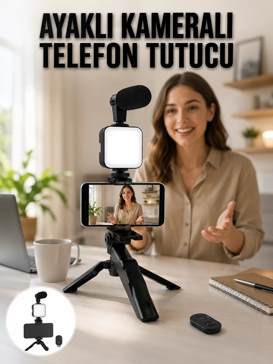 Telefon Tutucu Led Işıklı Kumandalı Mikrofon Telefon Vlog Video Kayıt Yeni Nesil