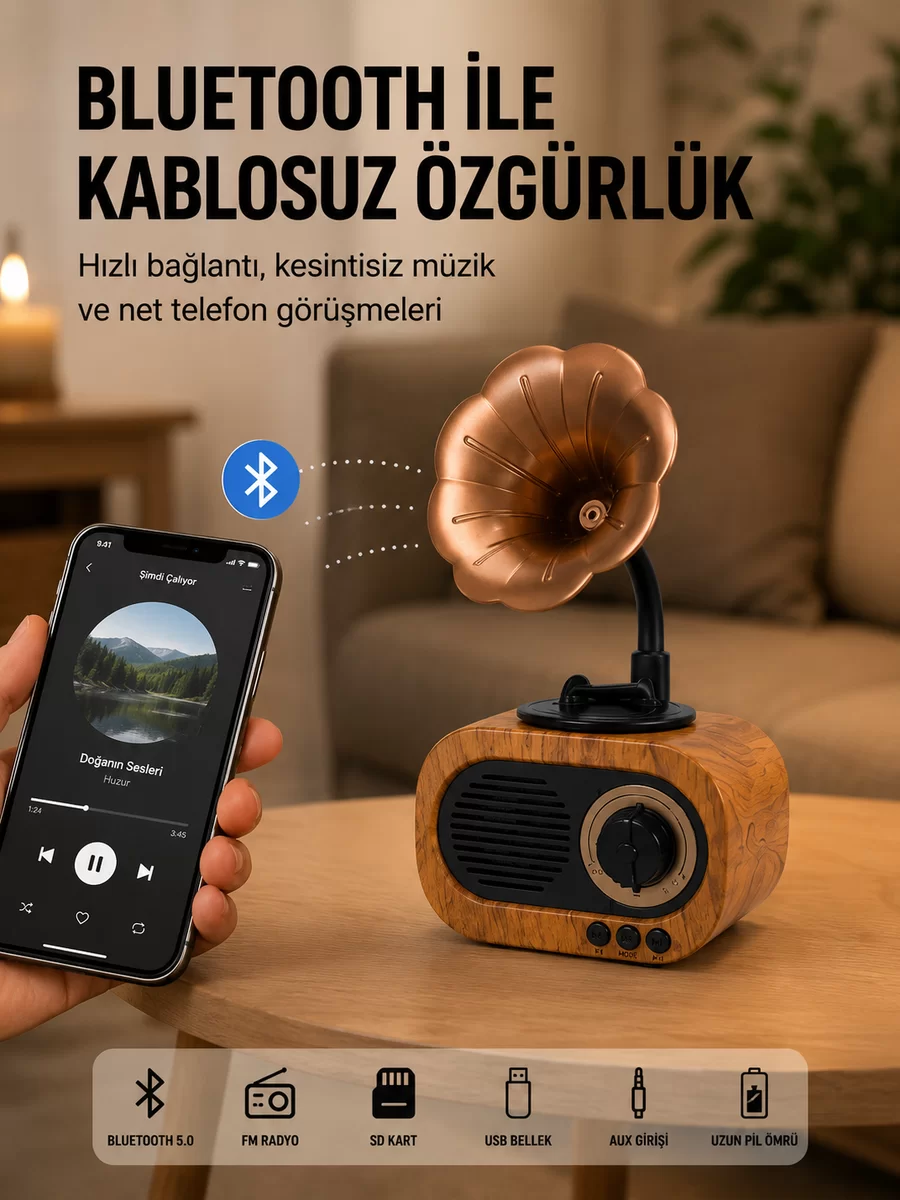 Mini Nostaljik Bluetooth Hoparlör FM Radyo 8 Saat Batarya Yeni Nesil