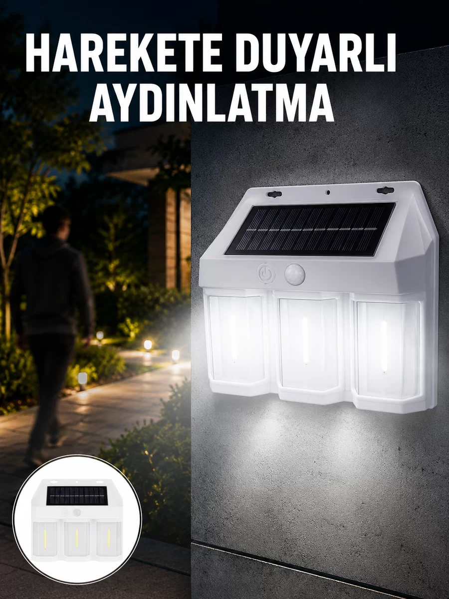 3 in 1 Solar Duvar Lambası – IP65 Su Geçirmez Hareket Sensörlü Yeni Nesil