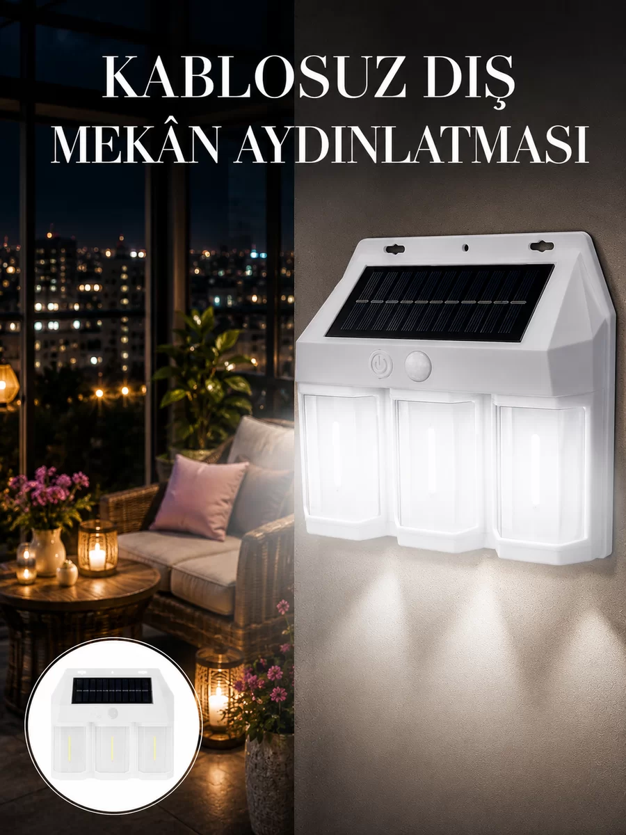 Dış Mekan Solar Duvar Lambası – 120° Hareket Algılama 3 Işık Modu Yeni Nesil