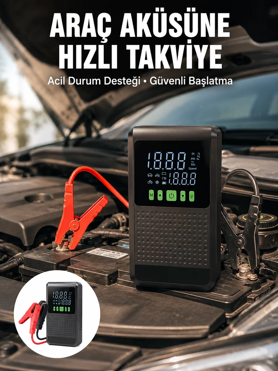 Araç İçin Akü Takviye Cihazı ve Kablosuz Hava Kompresörü Yeni Nesil
