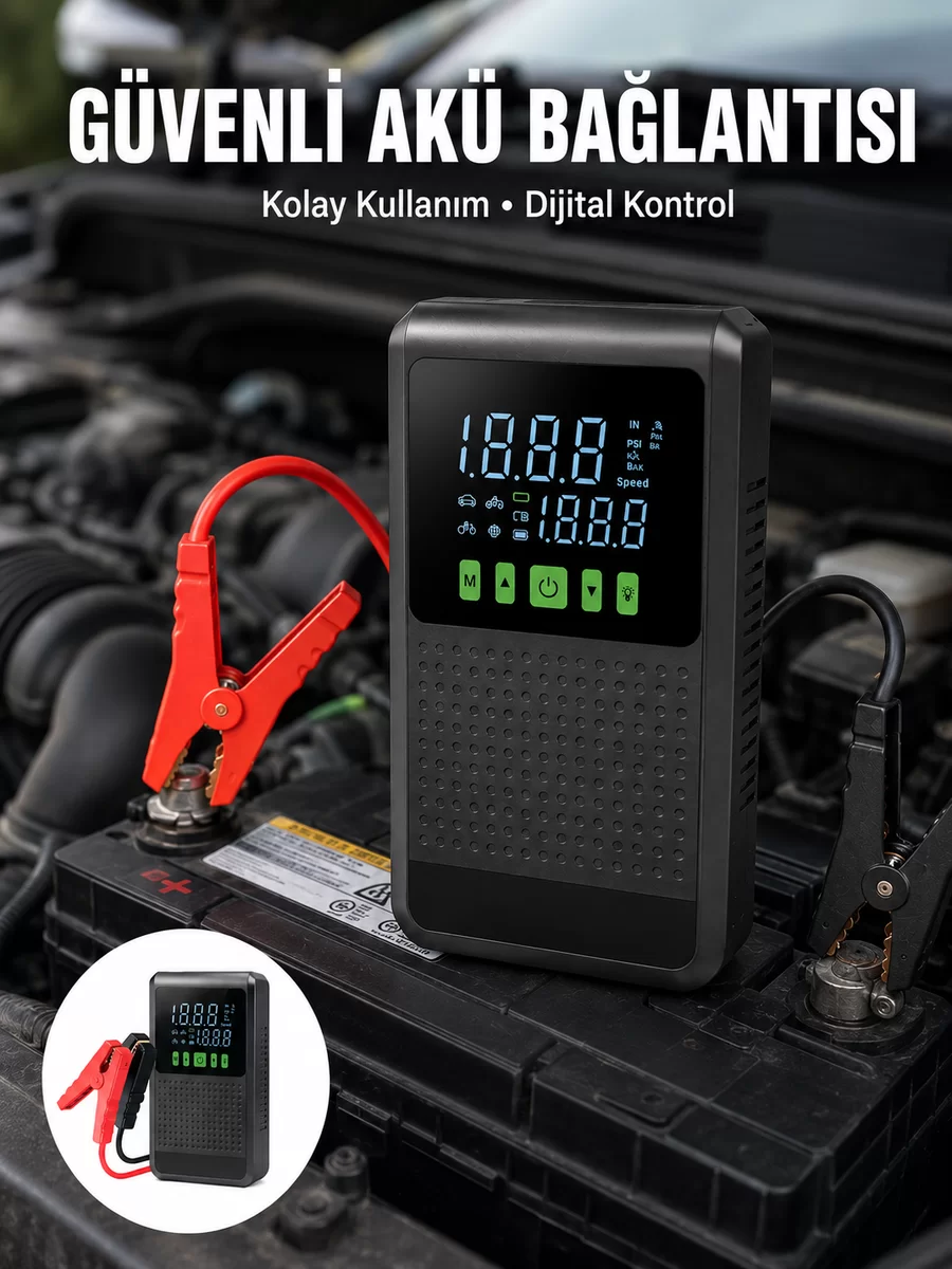 12.000 mAh Şarjlı Araç Akü Takviye ve Işıklı Hava Kompresörü Yeni Nesil