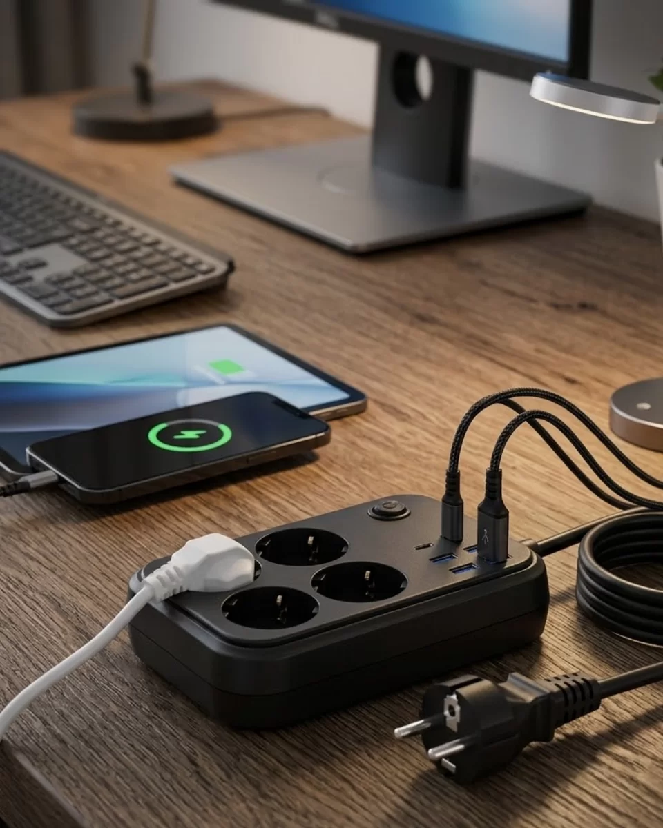 Termal Korumalı Uzatma Kablosu 4 Priz USB ve Type C Çoklu Şarj İstasyonu