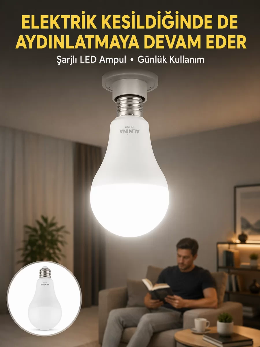 Acil Durumlar İçin Şarjlı LED Ampul 6400K Soğuk Beyaz 30 Watt Yeni Nesil