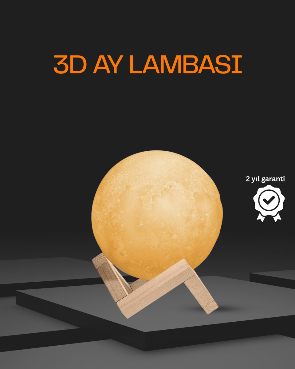Ahşap Standlı 3D Baskı Ay Lambası 16 Renkli ve Şarjlı Uzaktan Kumandalı