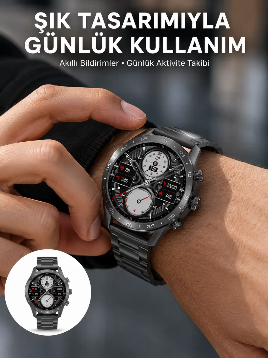Akıllı Saat Çelik Kordon Çağrı Cevaplama Amoled Ekran Titreşimli Uyku ve Sağlık Takibi Yeni Nesil
