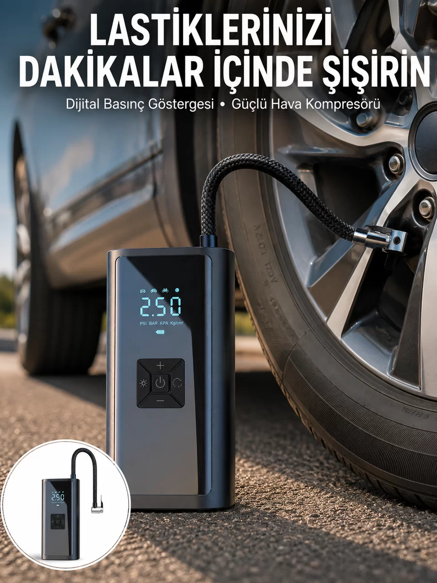 12V Uyumlu Çok İşlevli Akıllı Araç Lastik Pompası Yeni Nesil