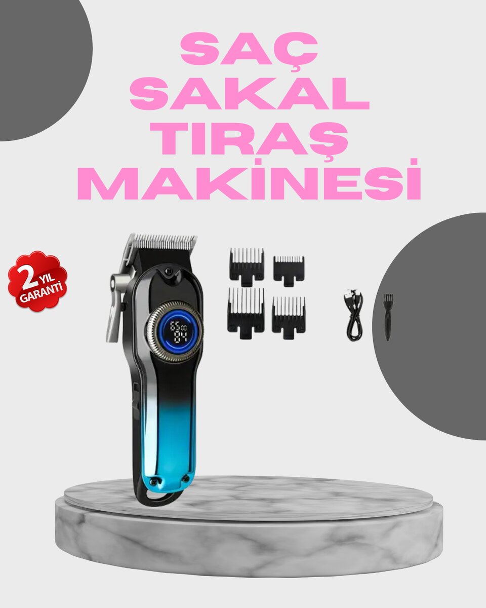 Profesyonel Saç Kesme Makinesi – 2000 mAh Şarjlı LCD Ekranlı