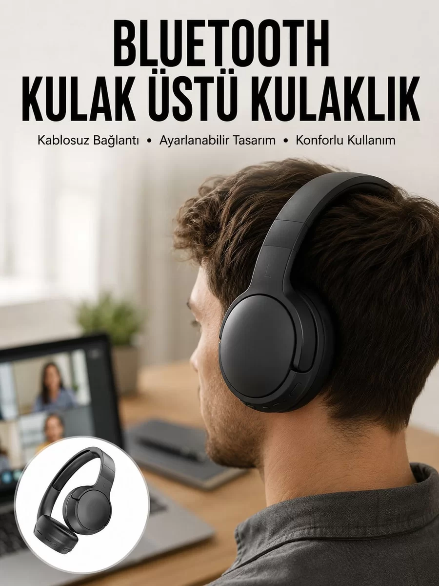 Kablosuz Bluetooth Kulaklık Kulak Üstü Ayarlanabilir Uzun Ömürlü Yeni Nesil