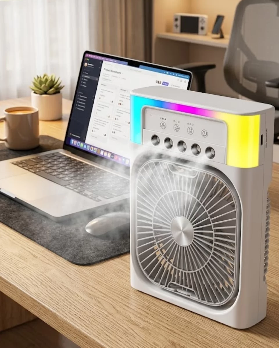 USB Şarjlı Masaüstü Soğutucu Fan Su Püskürtmeli Renkli Işıklı