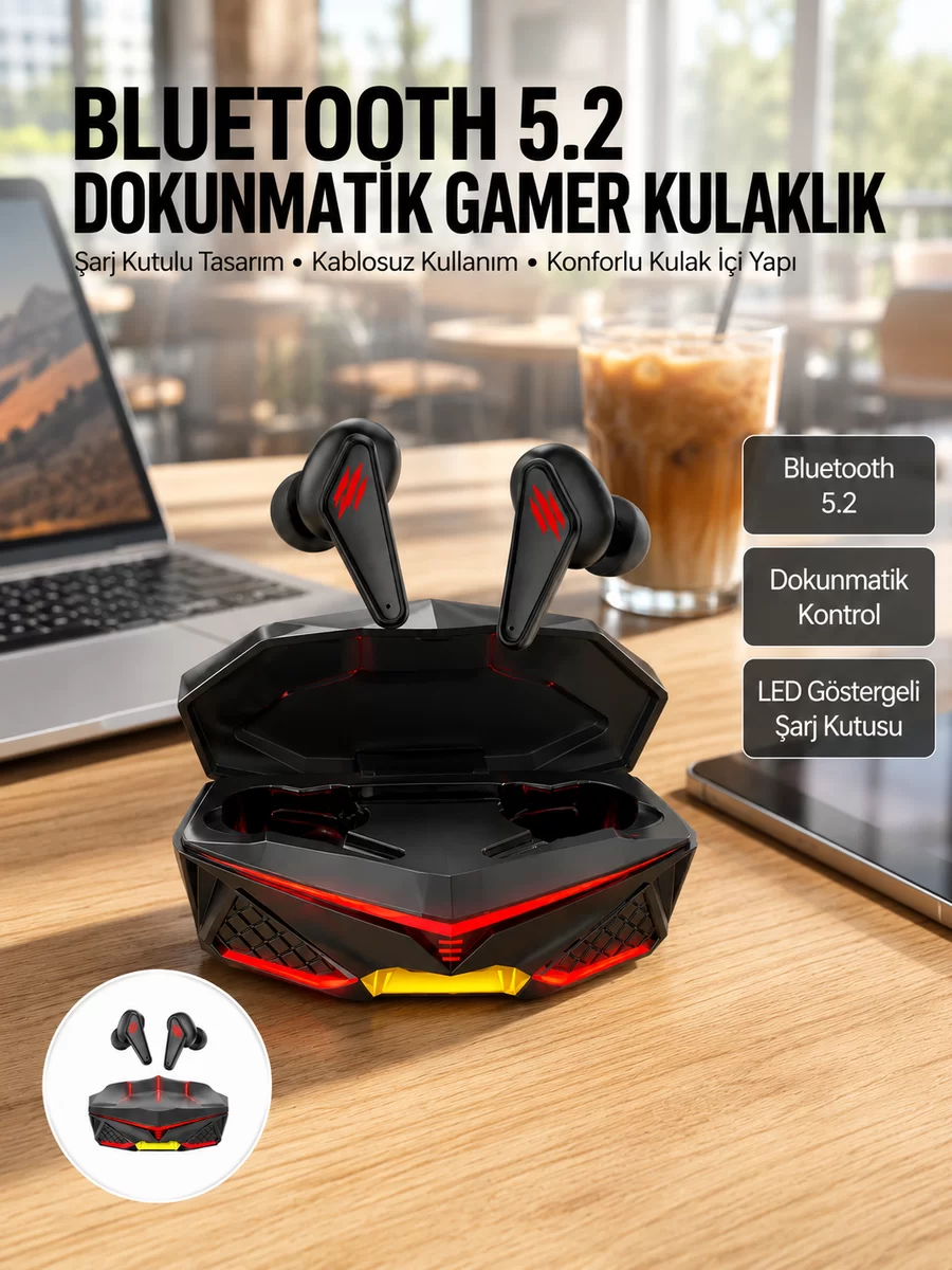 Dokunmatik Kontrol Tws Işıklı Kulakiçi Bluetooth Kulaklık Kablosuz Oyuncu Kulaklığı Yeni Nesil