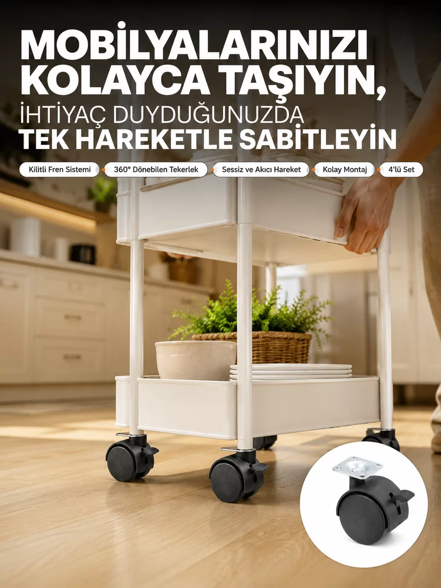 4’lü Kilitli Tekerlek Ayak 4 cm Sessiz ve Dayanıklı