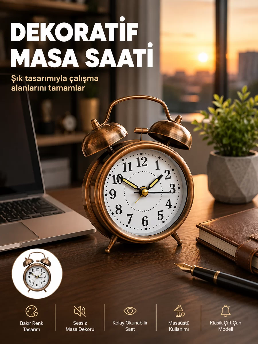 Retro Tarz Bronz Dekoratif Masa Saati Metal Gövde Yüksek Sesli Alarm