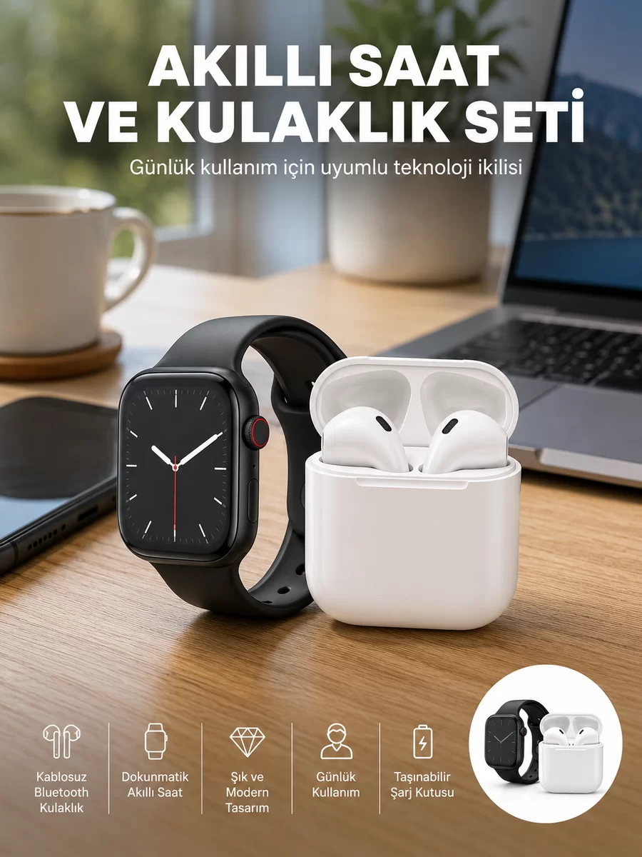 Akıllı Saat Gümüş Kasa Bluetooth Kulaklık Hediyeli Çok Fonksiyonlu İkili Set