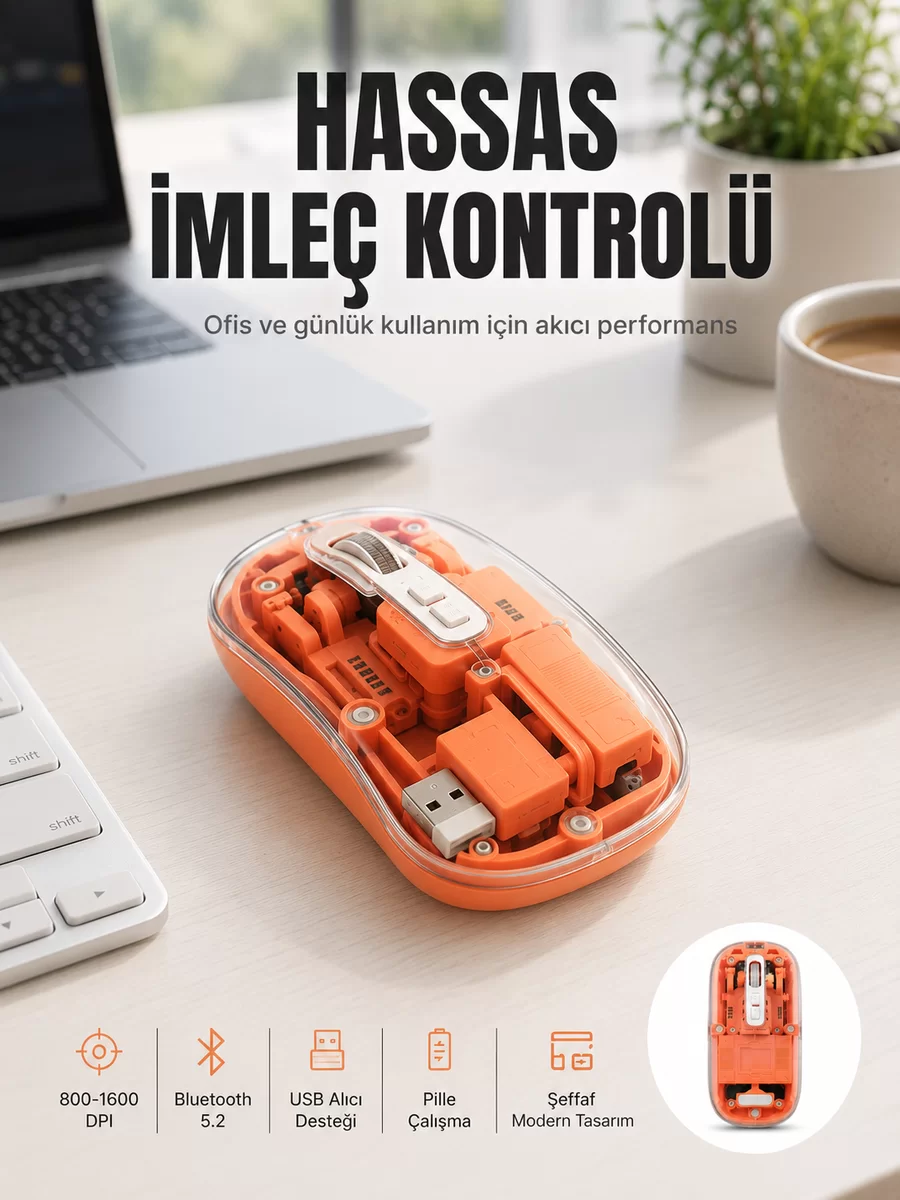Bluetooth ve USB Destekli Kablosuz Şeffaf Mouse Sessiz Kullanım Yeni Nesil