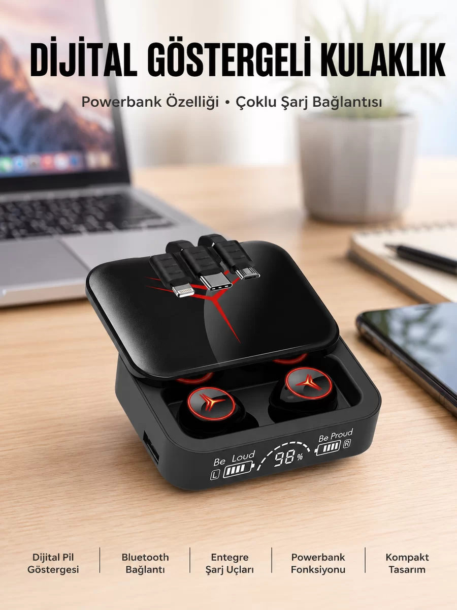 Kablosuz Şarj Göstergeli Powerbank Özellikli Bluetooth Kulaklık Çağrı Cevaplayabilen Yeni Nesil