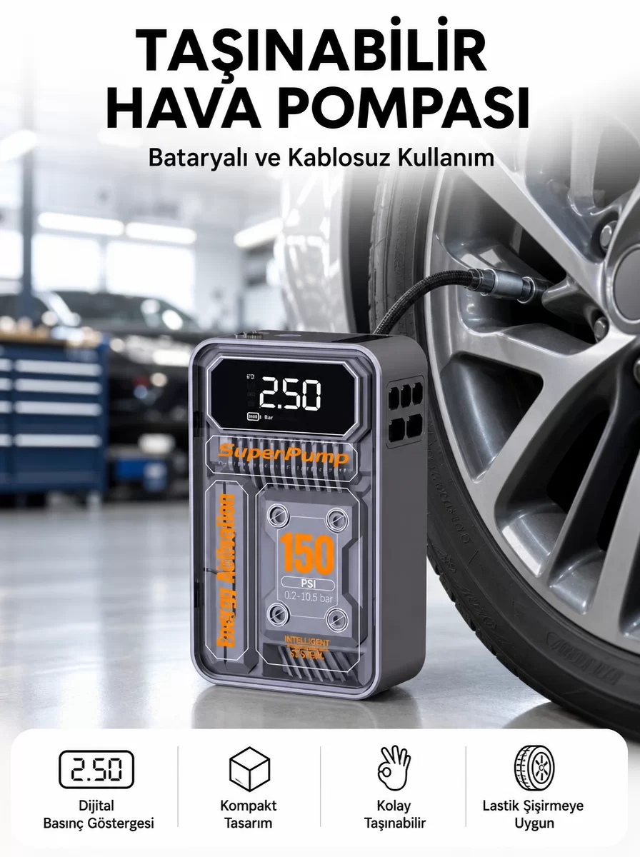 6000mAh Bataryalı LED Ekranlı Akıllı Hava Kompresörü