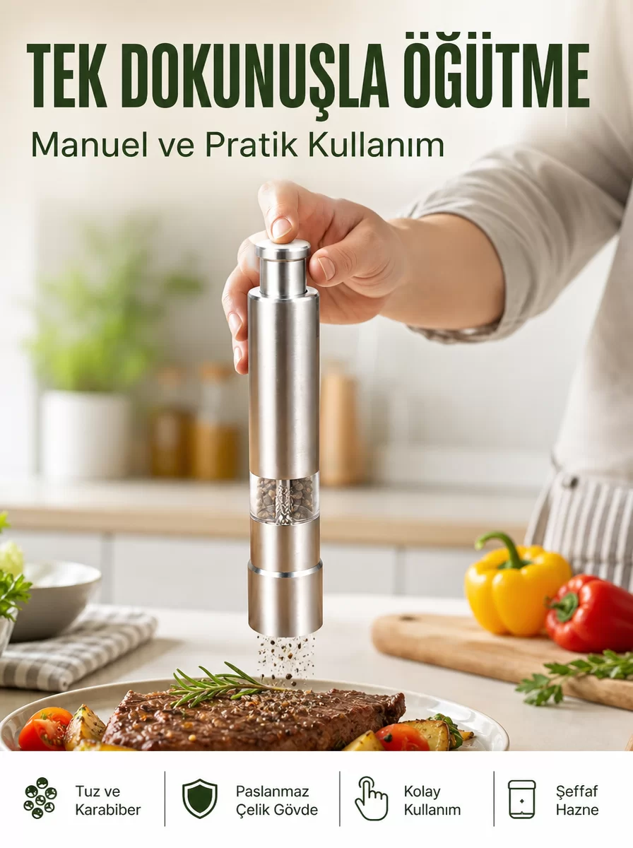 Orta Boy Kararbiber ve Tuz Öğütücü – Kolay Kullanım Şık Tasarım Yeni Nesil