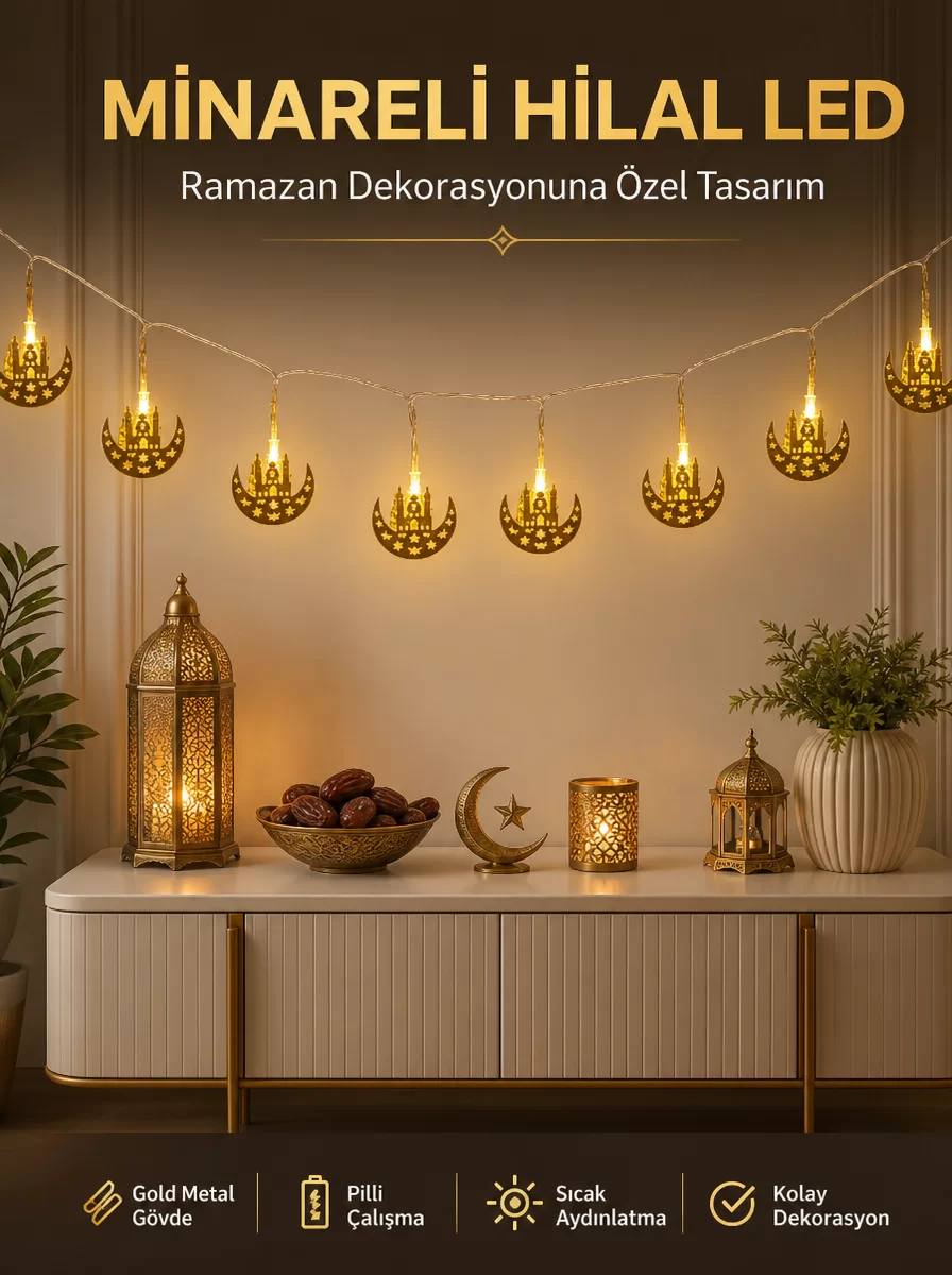Dekoratif Minareli Hilal LED Işık Metal Gövdeli Ramazan Aydınlatma