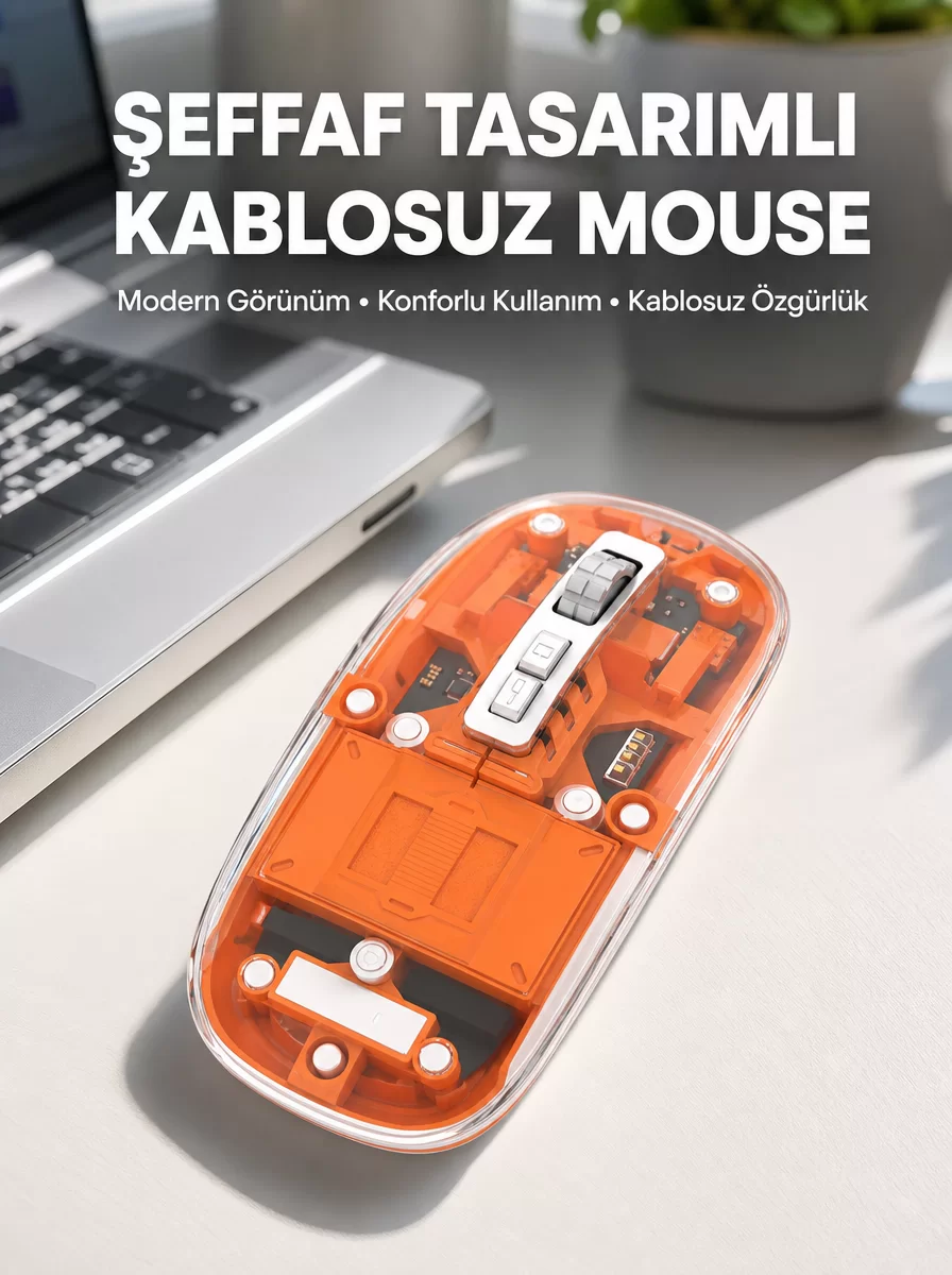 Mouse Fare Kablosuz Mouse Fare Şarjlı Bluetooth Sessiz 5 Tuşlu Şeffaf