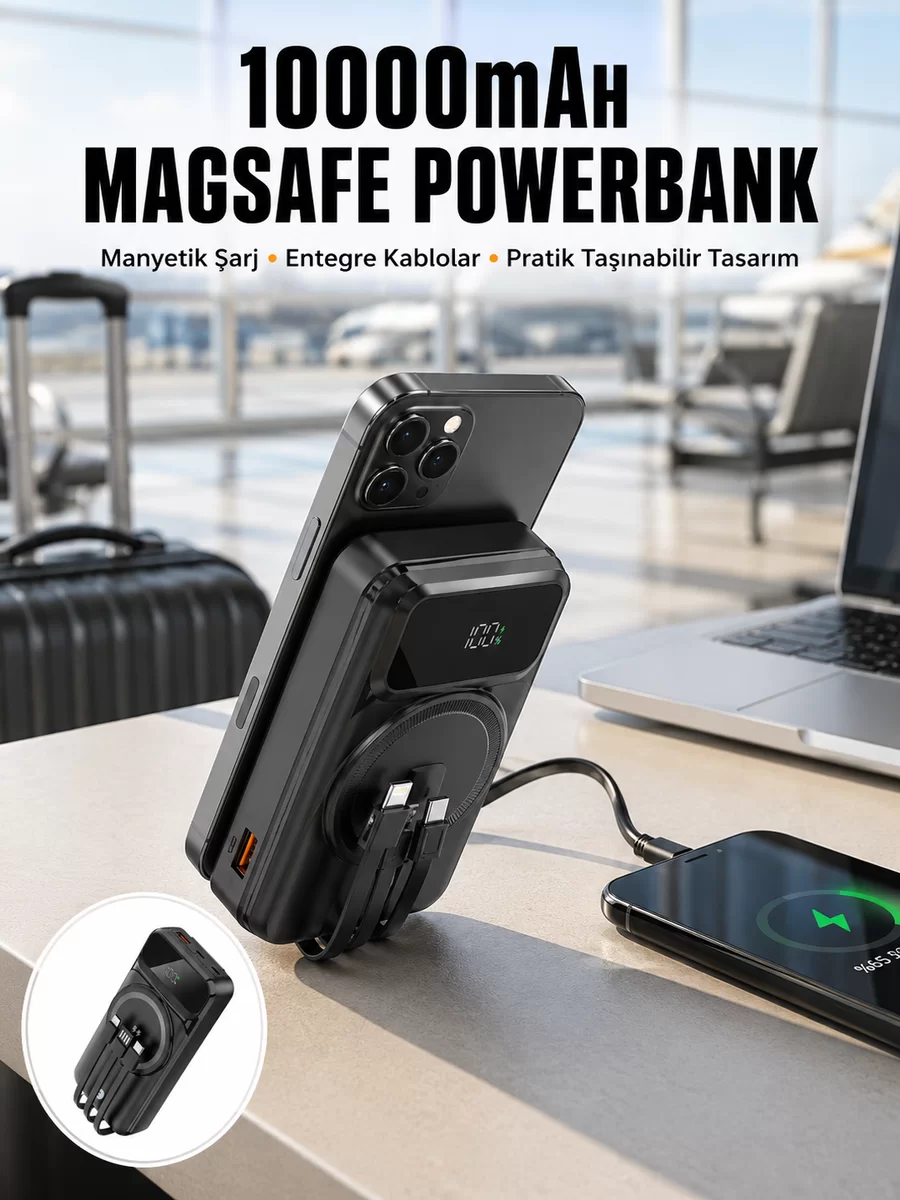 15W Kablosuz Hızlı Şarjlı 10000 mAh Powerbank – Taşınabilir LED Göstergeli