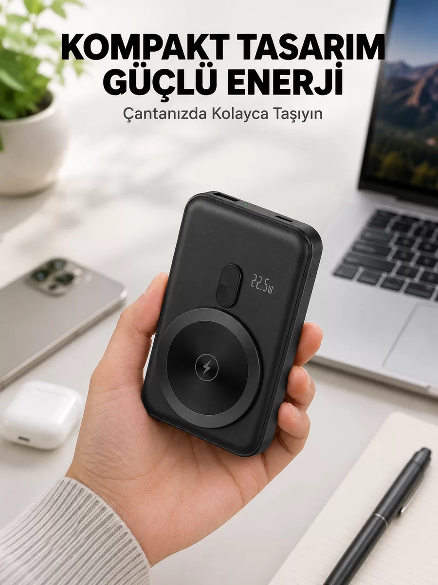 Manyetik Kablosuz Powerbank 22.5W Hızlı Şarj LCD Göstergeli Yeni Nesil