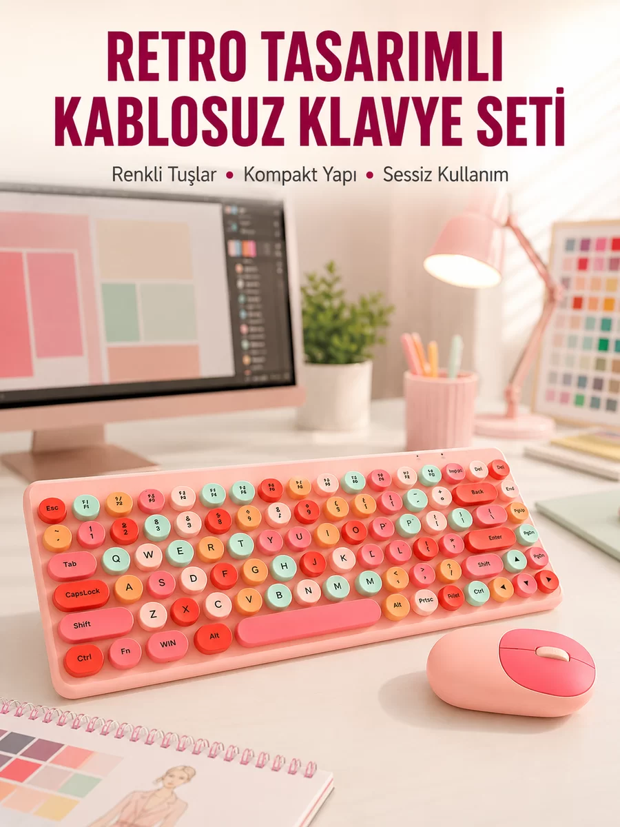 Renkli Retro Tuş Takımlı Klavye – 3 Cihaz Bağlantısı Medya Kısayol Tuşları Yeni Nesil