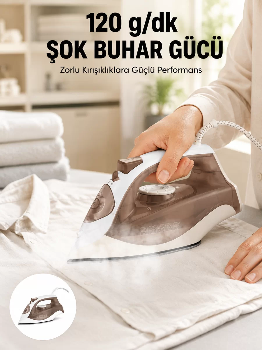 Seramik Tabanlı Buharlı Ütü 2200W Dikey Ütüleme 300ml Kahverengi