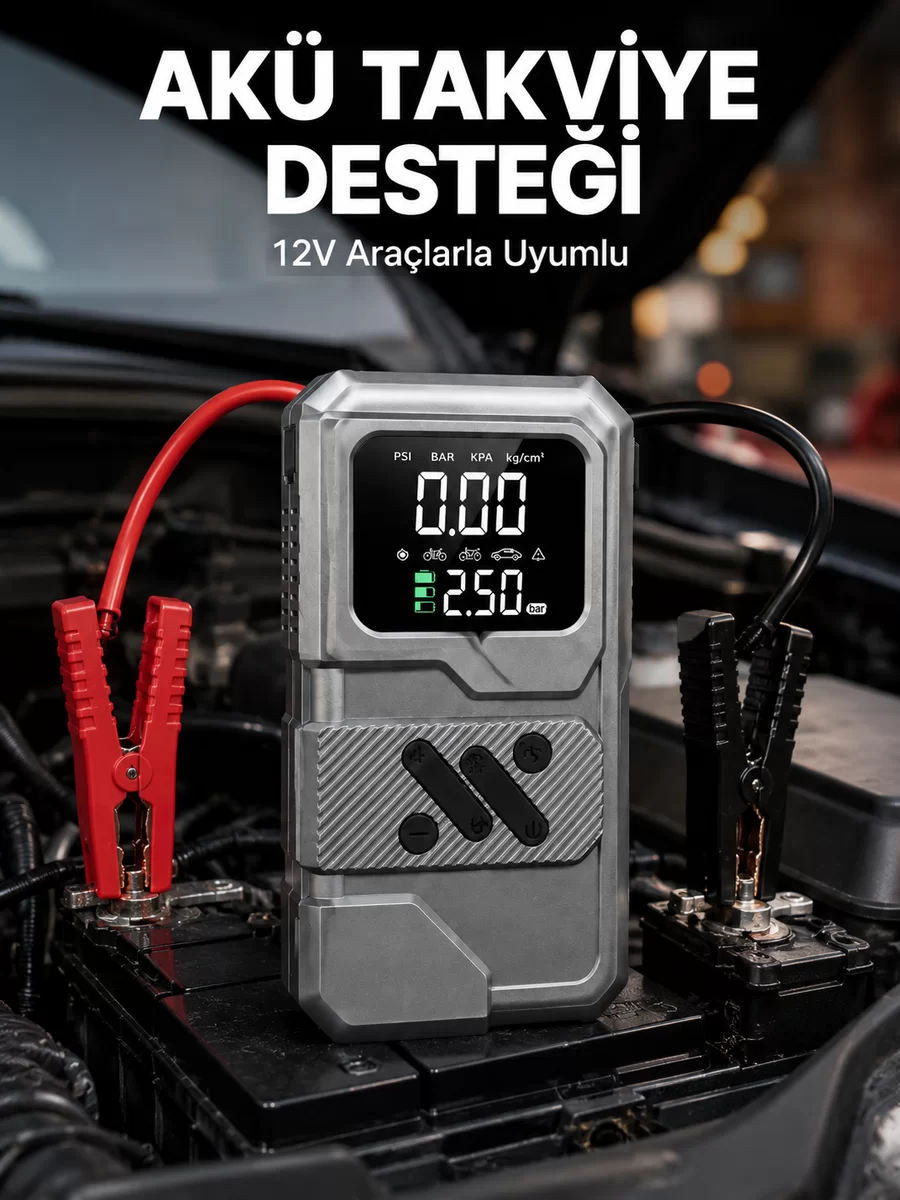 Taşınabilir Araç Akü Takviye ve Hava Kompresörü Powerbank Özellikli