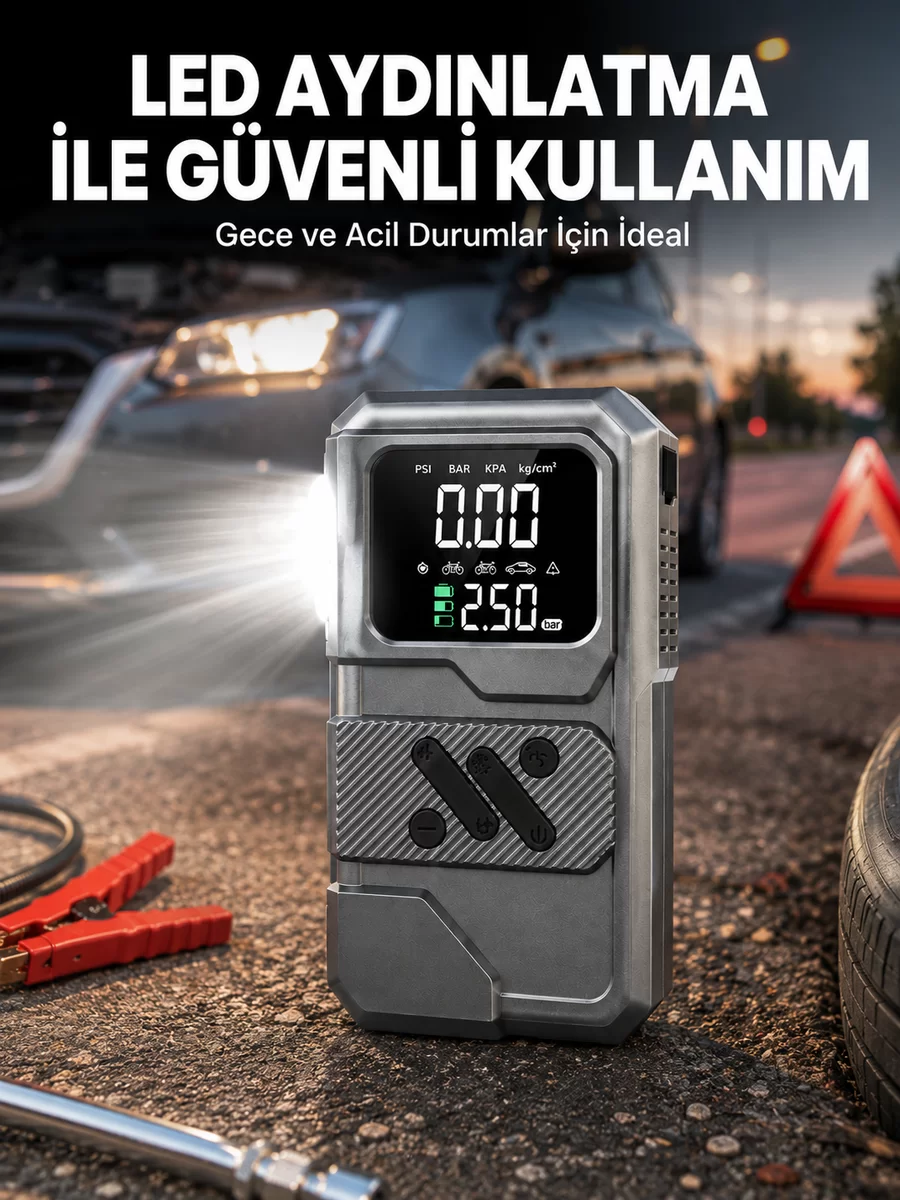 Çok Fonksiyonlu Akü Takviye ve Taşınabilir Hava Kompresörü