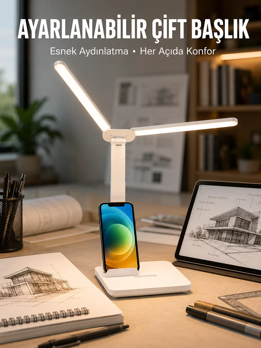 Ayarlanabilir Kısılabilir LED Masa Lambası | Entegre Kalemlik ve Telefon Tutucu Özellikli Yeni Nesil