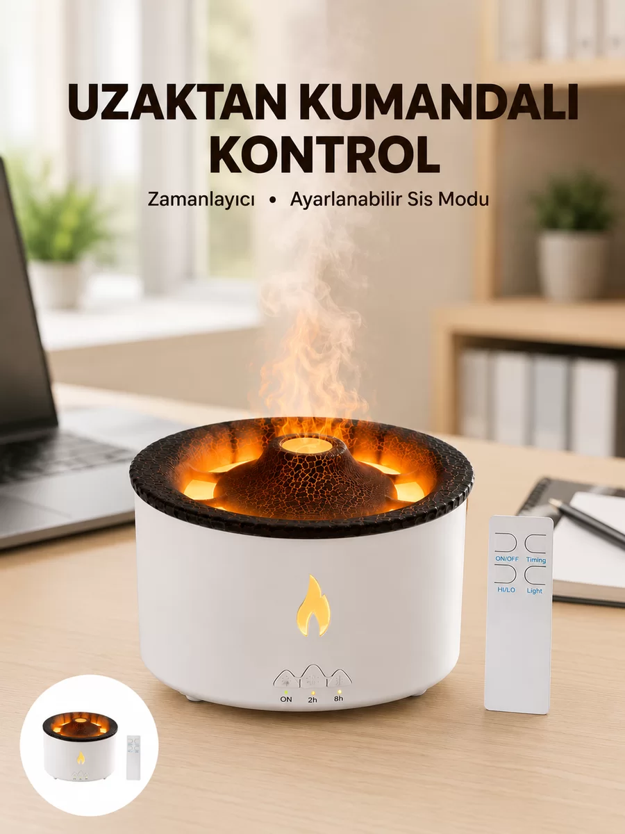 Alev Efektli Buhar Makinesi – Aromaterapi Nemlendirme ve Işık Modlu Tasarım Yeni Nesil