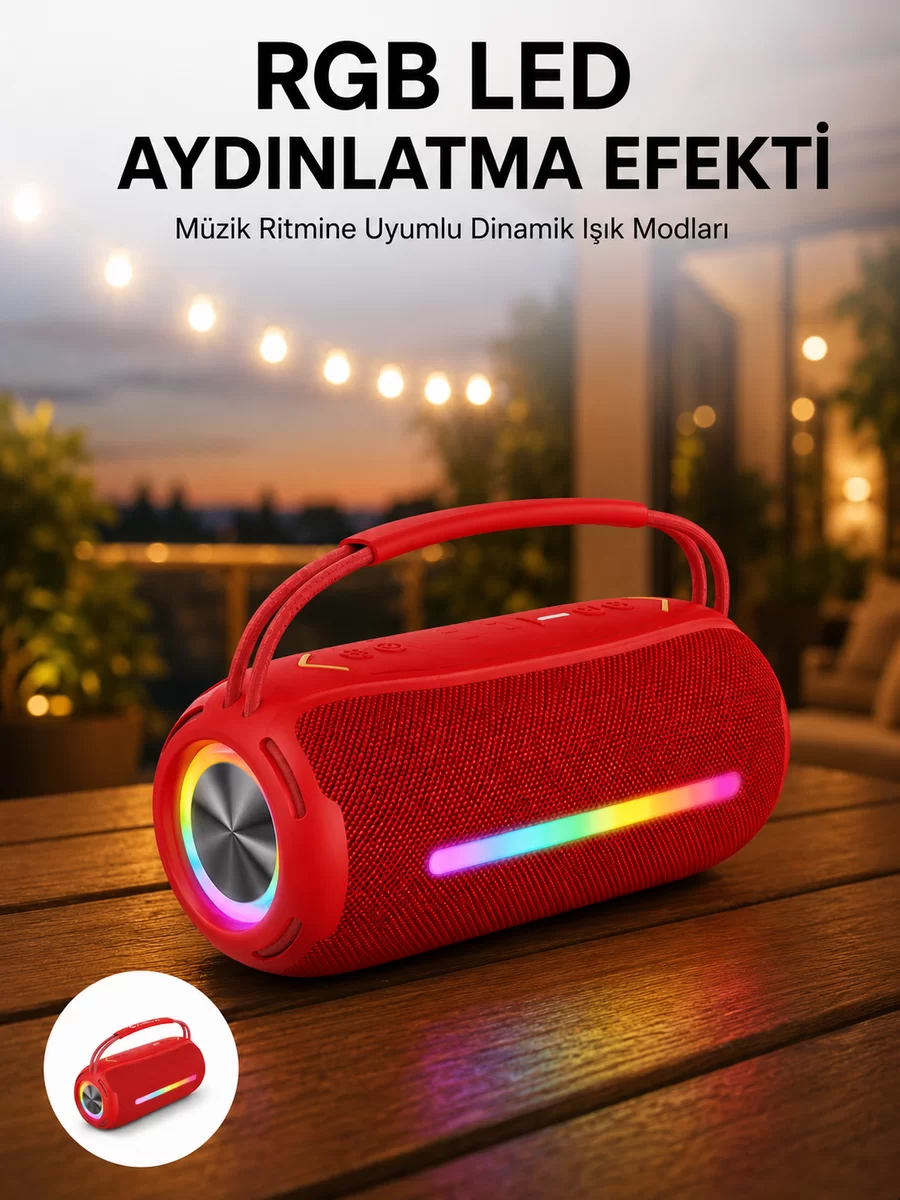 360 RGB LED'li Taşınabilir Bluetooth Hoparlör – Kırmızı USB/TF Destekli