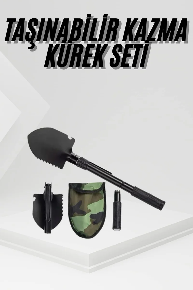 Katlanır Portatif Kazma Kürek Seti Portatif Çelik Taşıma Çantalı Pusulalı