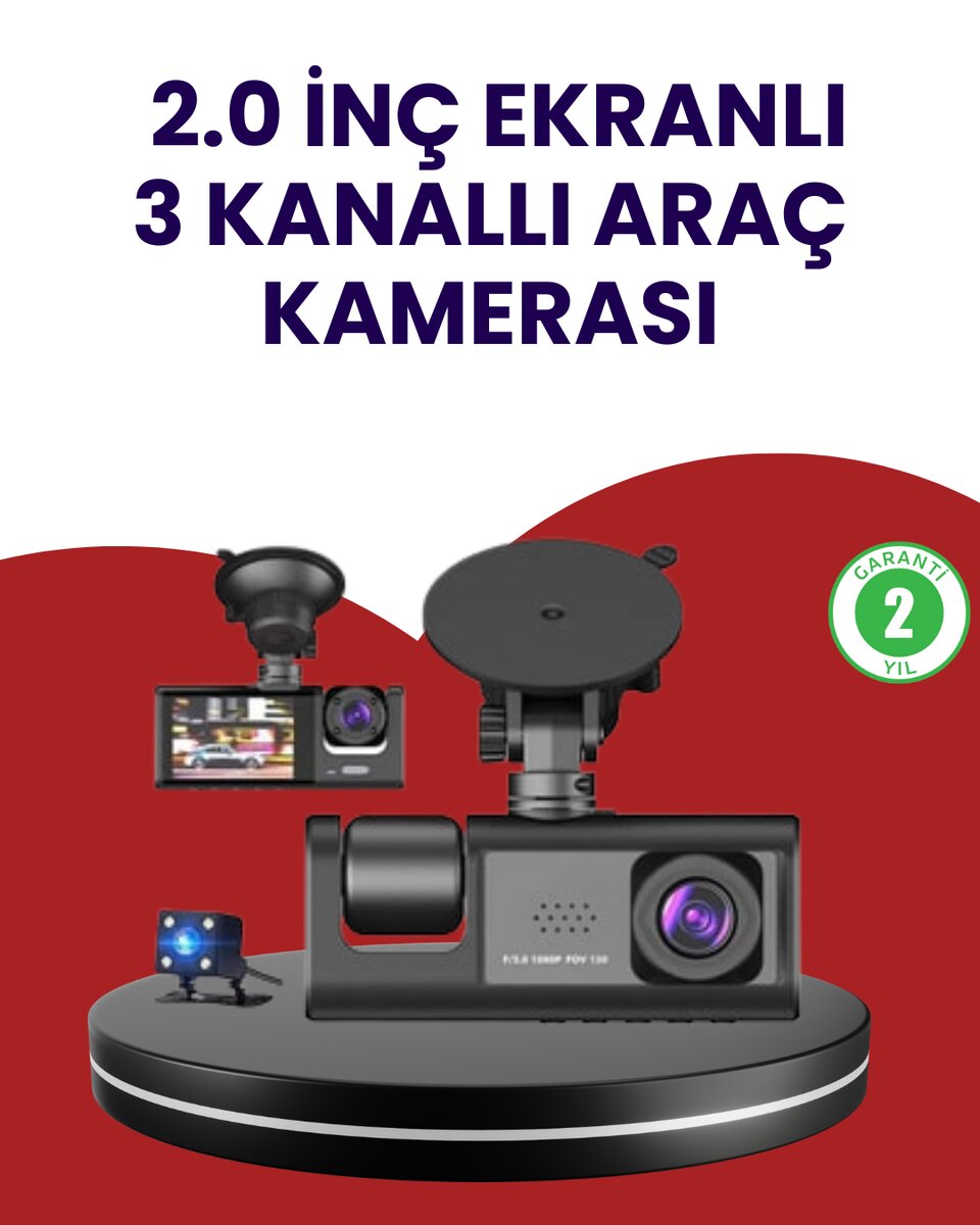 Üç Kameralı Araç Kamerası | Full HD 1080P Ön + HD İç/Arka