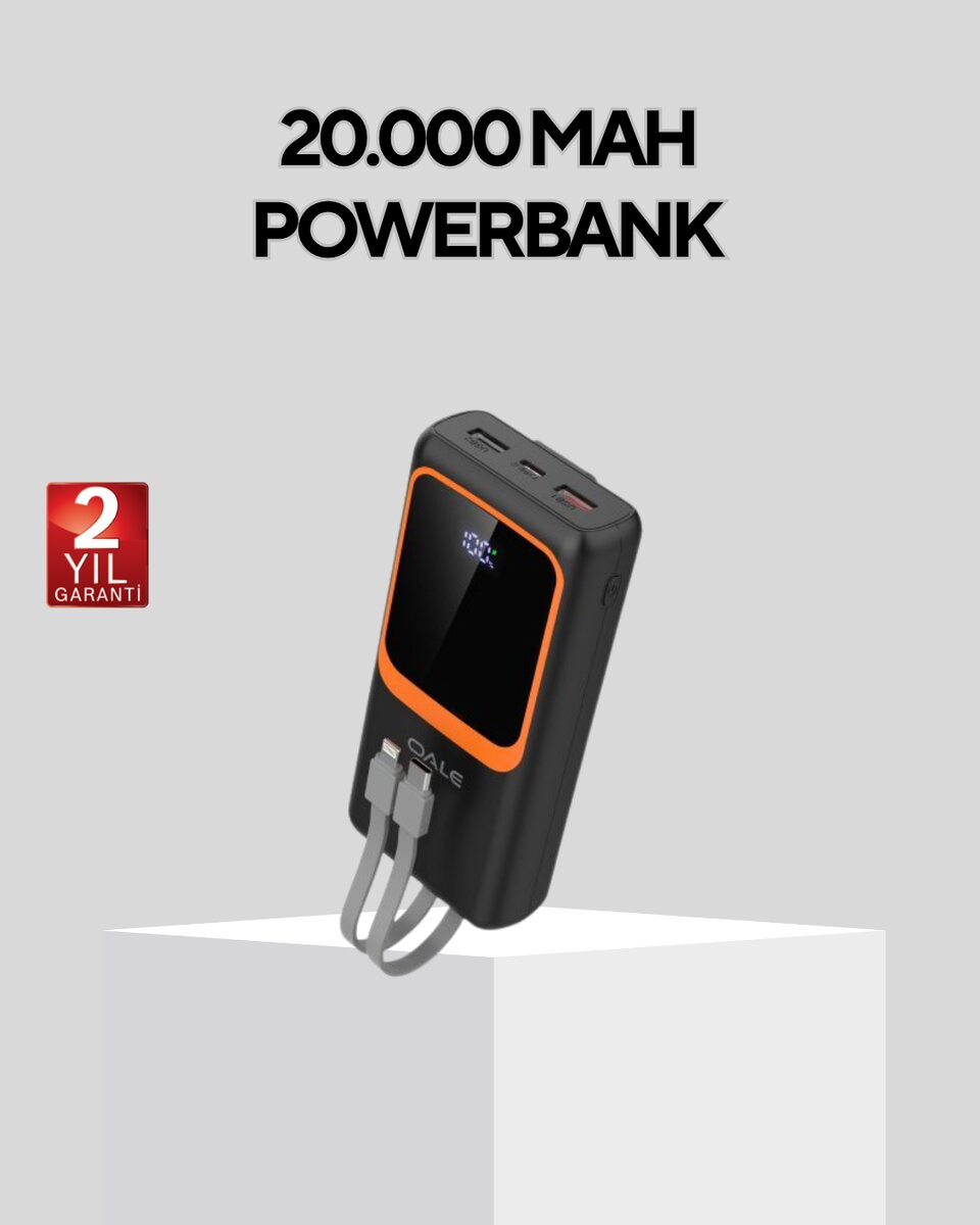 Powerbank 20000 mAh Dijital Ekranlı ve Çok Kablolu Hızlı Şarj Cihazı