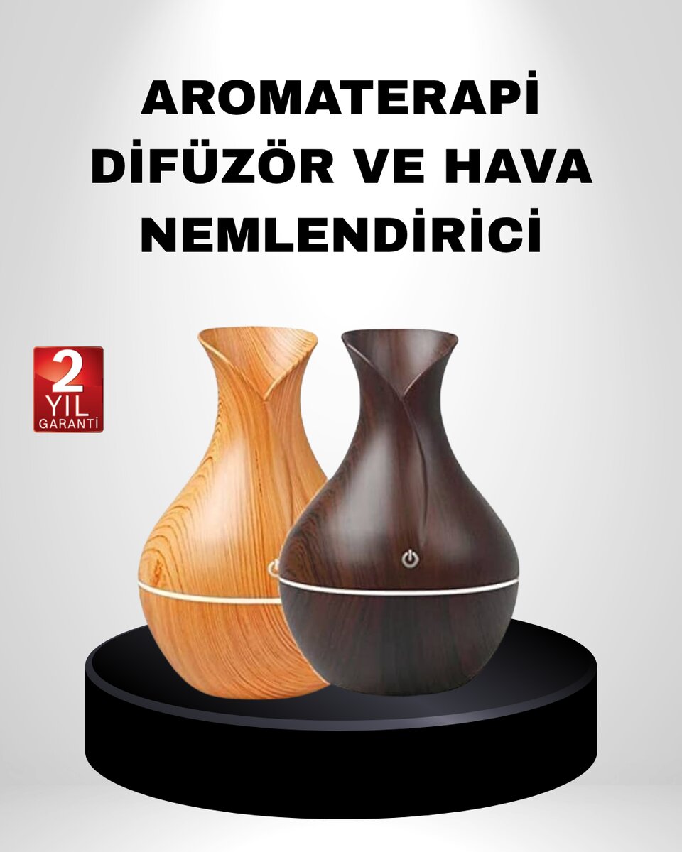 Ahşap Desenli Aromaterapi Difüzör 130 ml Ultrasonik ve 7 Renk LED Işıklı