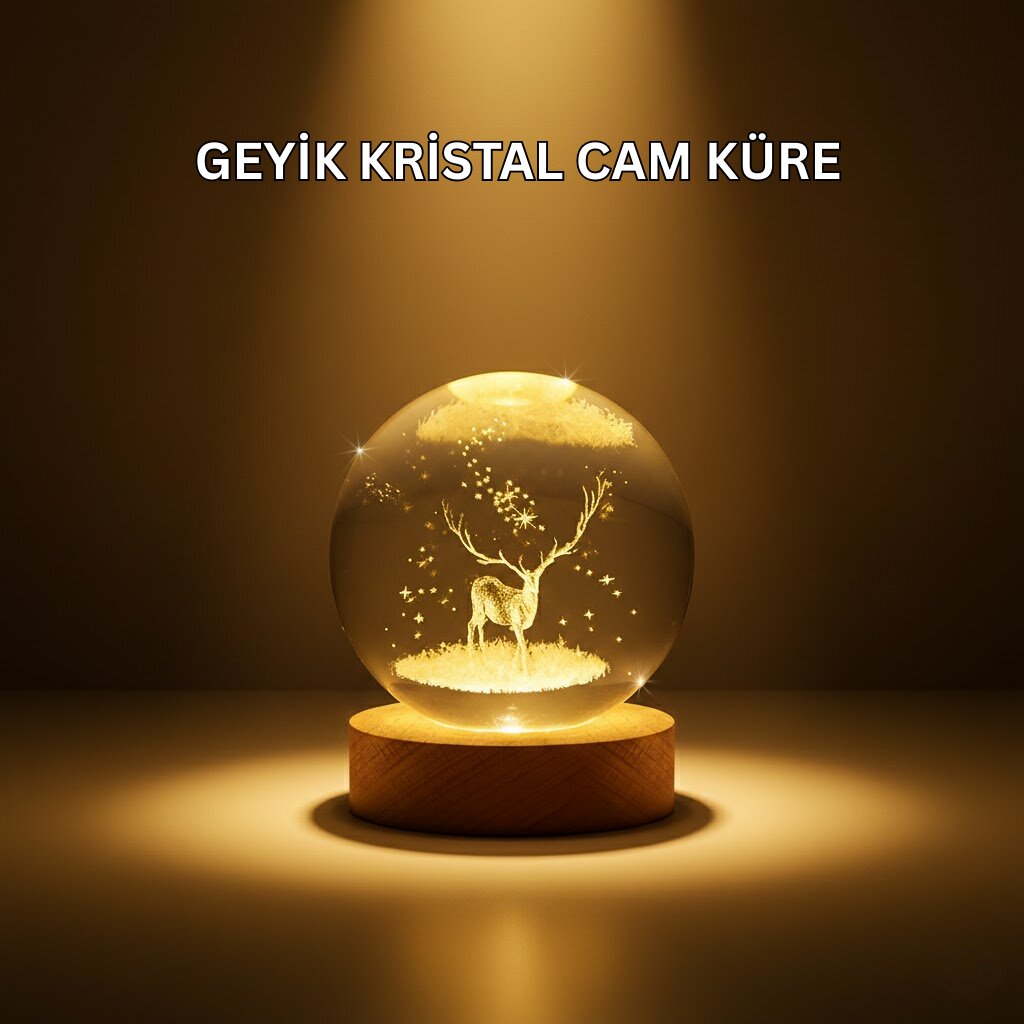 USB Bağlantılı Geyik Temalı Kristal Küre Premium Masa Gece Lambası