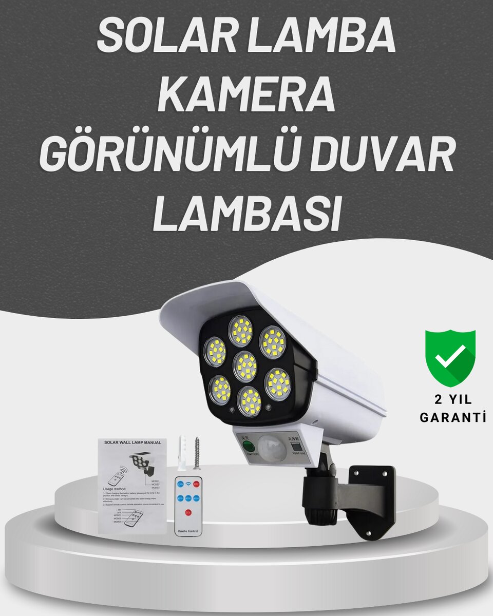 77 LED'li Güneş Enerjili Güvenlik Lambası ve Kukla Kamera – Hareket Sensörlü 2400mAh Pilli