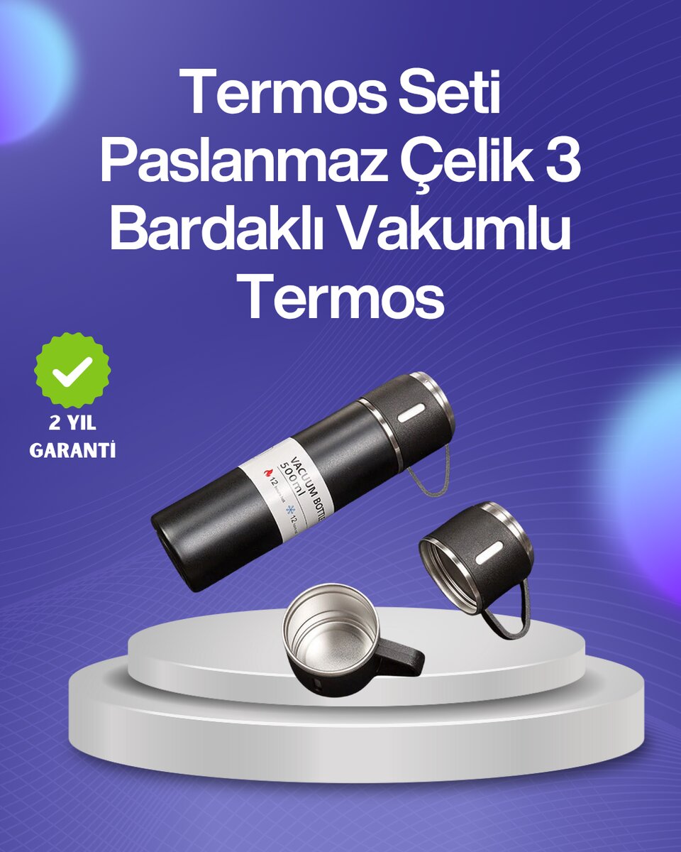 Isıyı Uzun Süre Koruyan 500 ml Termos Seti | Çelik Gövde 2 Bardaklı Hediye Kutulu