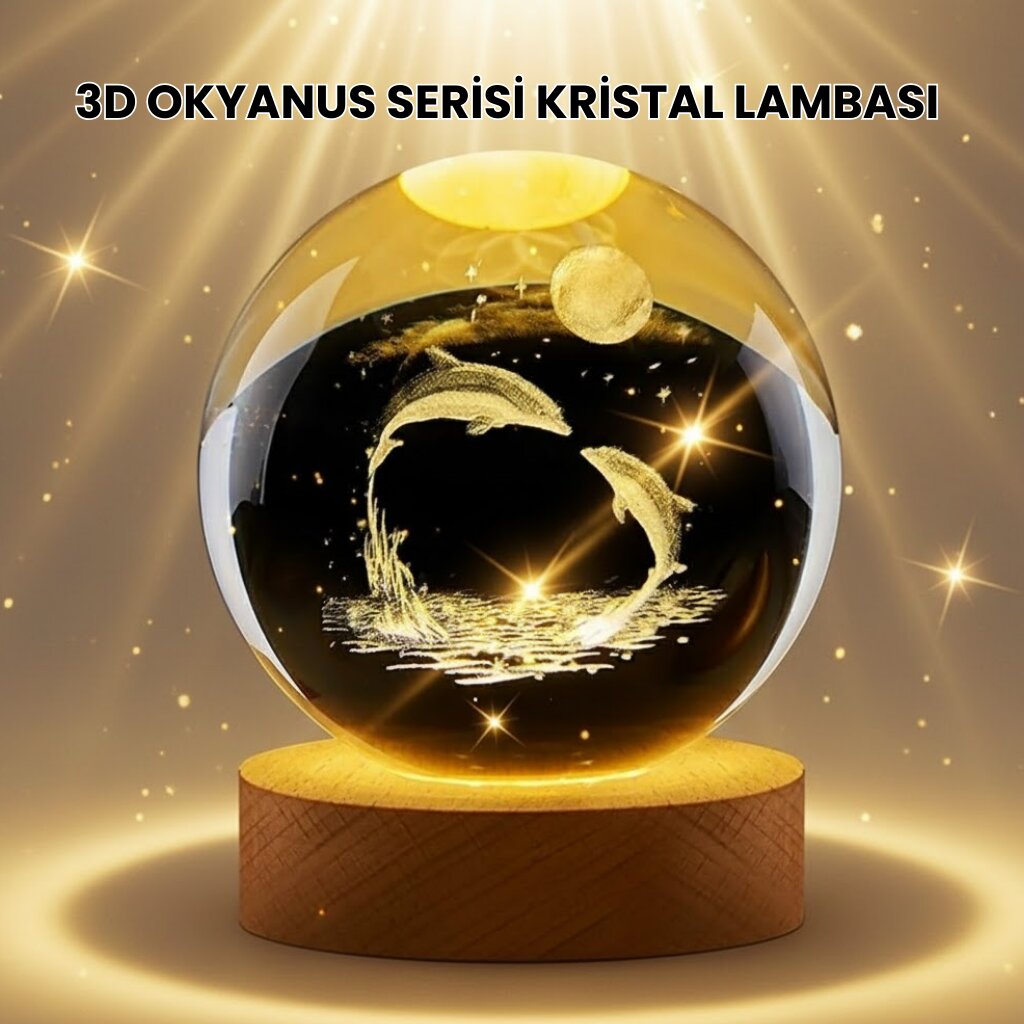 Lazer İşlemeli Yunus Kristal Küre Sıcak Işıklı Ahşap Standlı