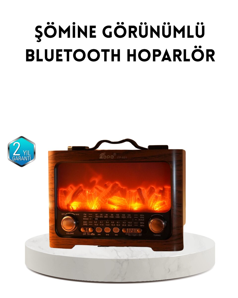 Şömine Efektli Solar Hoparlör Bluetooth 5.3 Radyo AUX USB TF Destekli