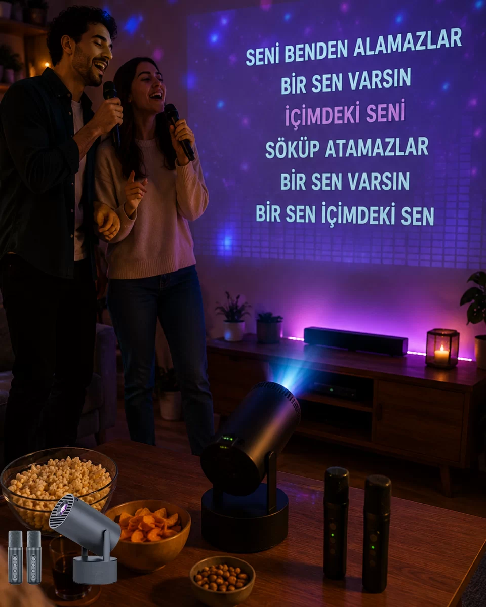3ü 1 Arada Karaoke ve Projeksiyon Sistemi Çift Mikrofon Destekli