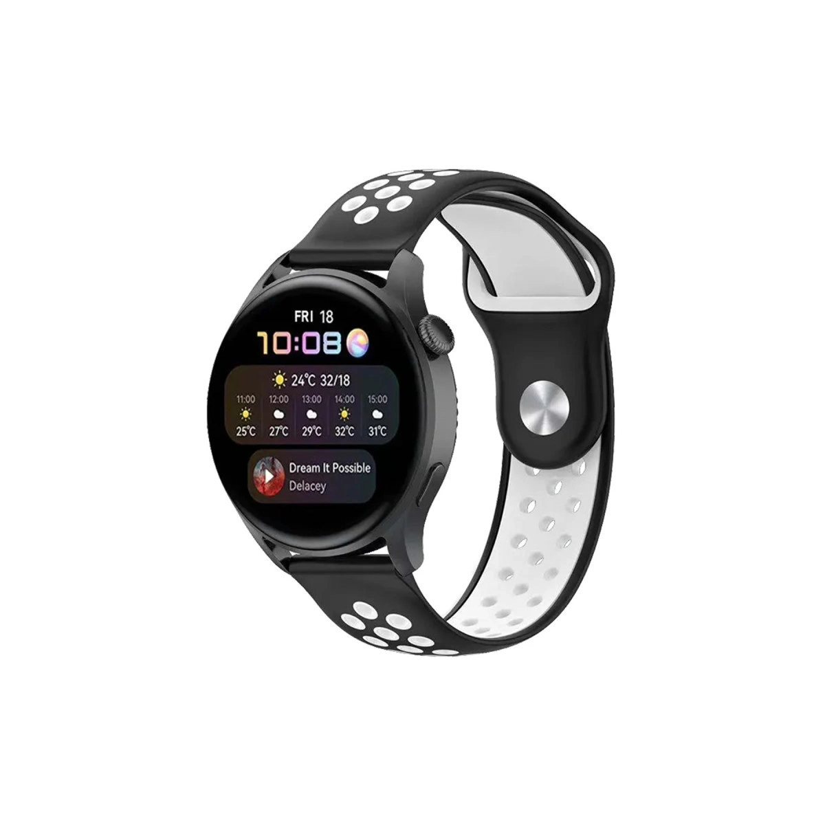 Watch 22mm Spor Delikli Kordon - Siyah-beyaz