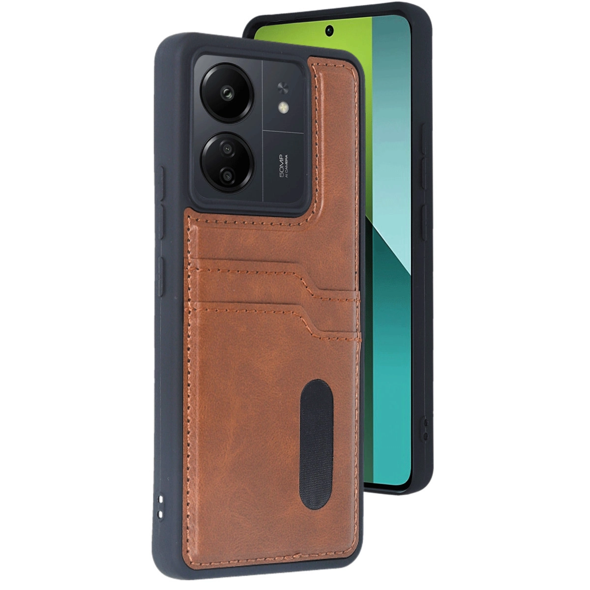 Xiaomi Redmi 13c Kılıf Sara Kartvizitli Deri Kılıf - Taba